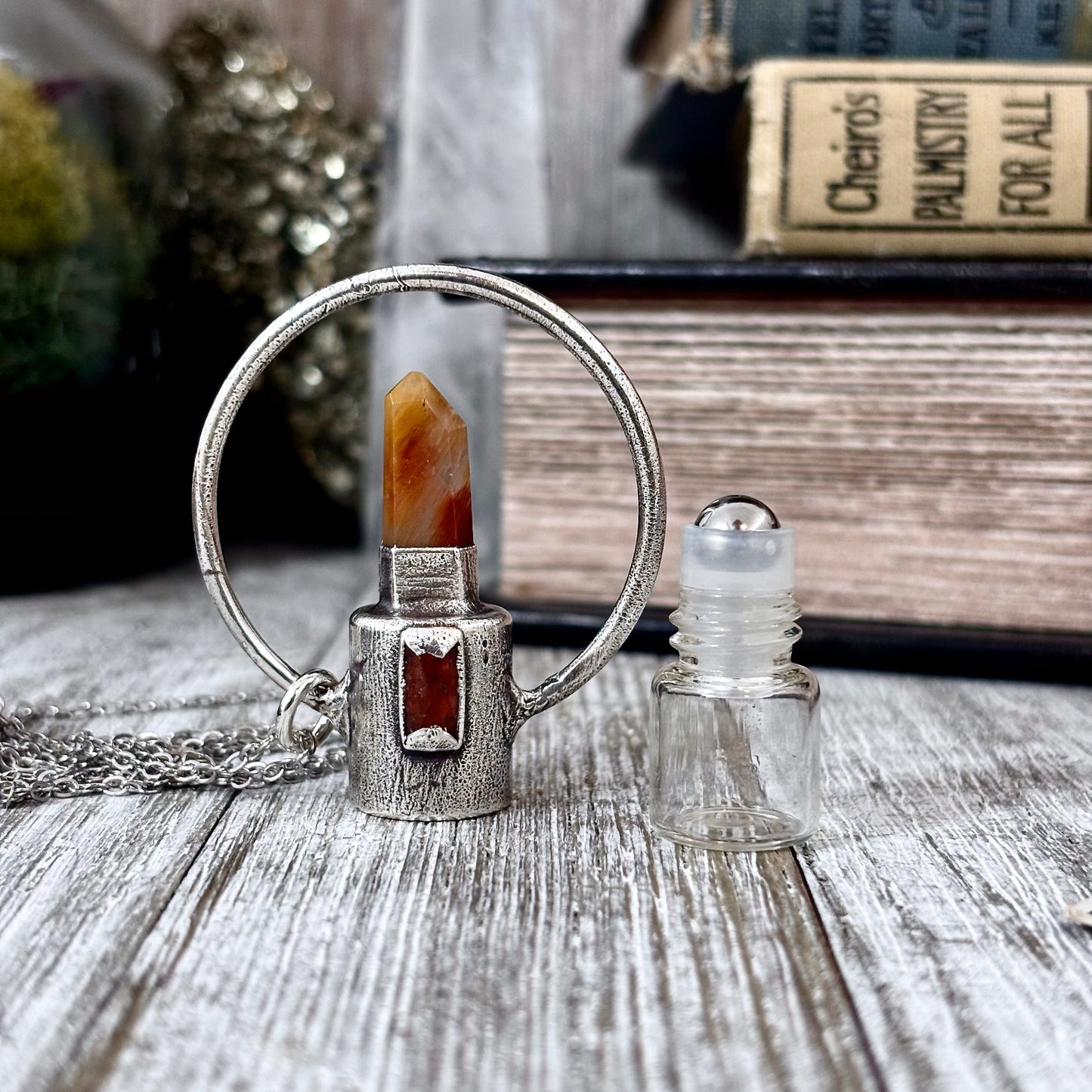 Garden Quartz and Orange Kyanite Crystal Necklace / Silver Rollerball Necklace