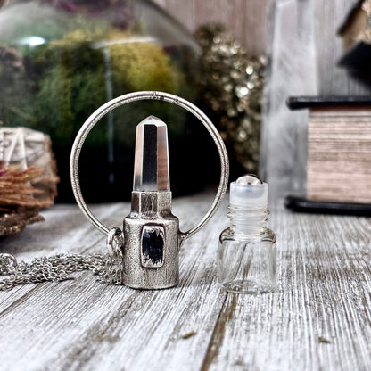 Clear Quartz and Blue Kyanite Crystal Necklace / Silver Rollerball Necklace