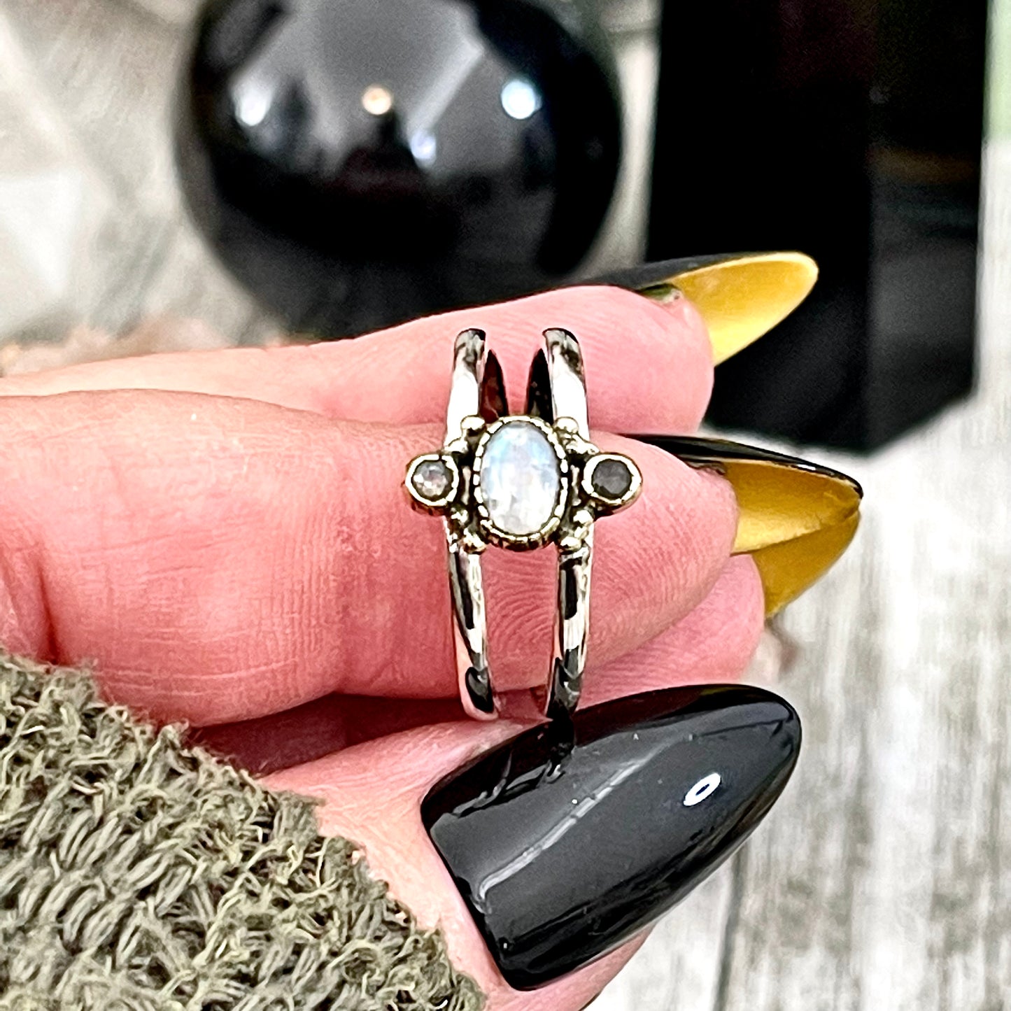 Double Band Moonstone Statement Ring Brass and Sterling Silver / Curated by FOXLARK Collection Size 5 6 7 8 9 10