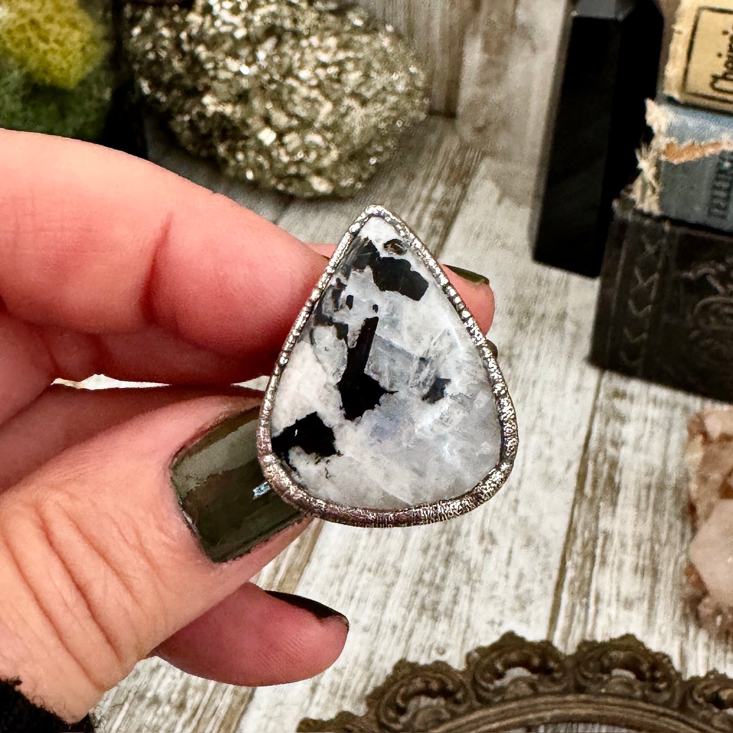 Rainbow Moonstone with Black Tourmaline Ring Silver Size 9 / Foxlark Collection