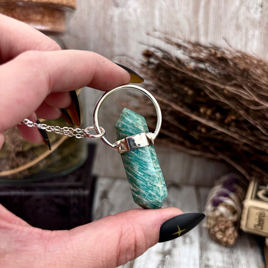 Amazonite Crystal Point Necklace in Sterling Silver, Blue Amazonite Pendant  -Designed by FOXLARK Collection