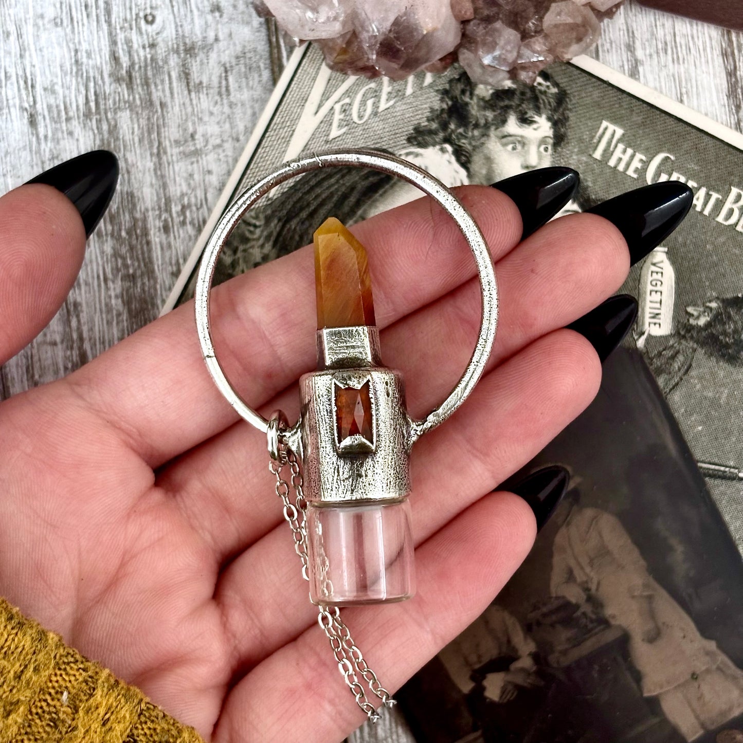 Garden Quartz and Orange Kyanite Crystal Necklace / Silver Rollerball Necklace