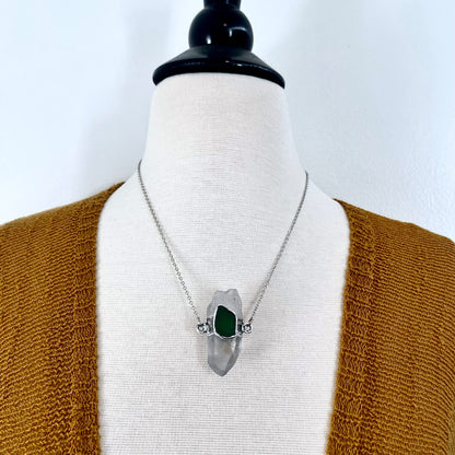 Clear Quartz & Green Sea Glass Crystal Statement Necklace in Fine Silver / Foxlark Collection - One of a Kind