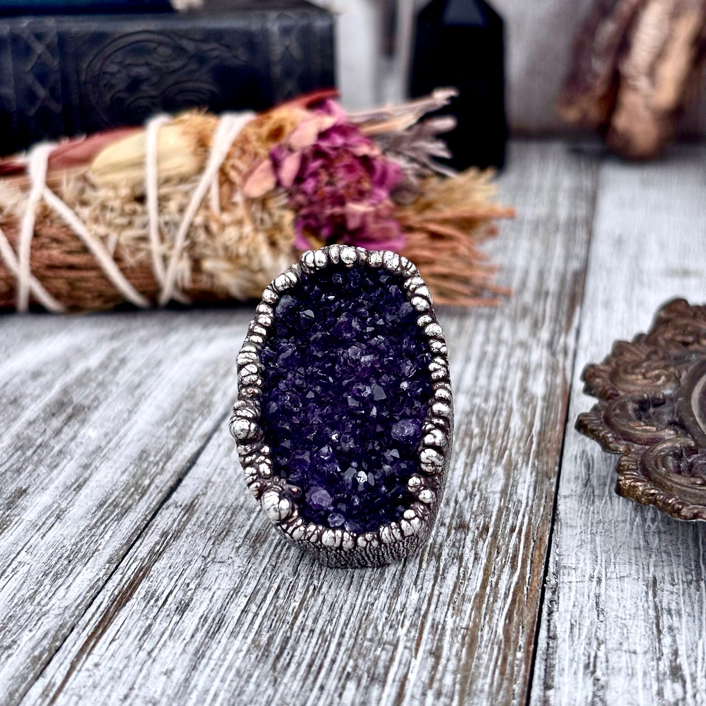 Raw Purple Amethyst Crystal Druzy Geode Ring in Fine Silver Size 9.5 / Foxlark Collection