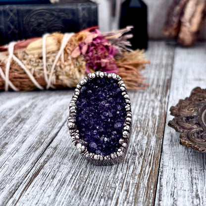 Raw Purple Amethyst Crystal Druzy Geode Ring in Fine Silver Size 9.5 / Foxlark Collection
