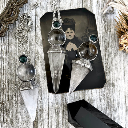 Clear Quartz Sphere Pendulum with Moss Agate Necklace Pendant in Fine Silver  / Foxlark Collection