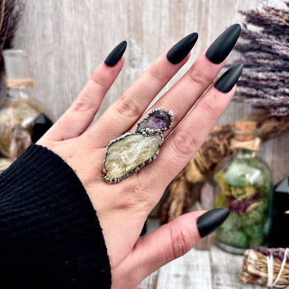 Two Stone Raw Amethyst and Citrine Ring in Fine Silver Size 7.5 / Foxlark Collection - One of a Kind