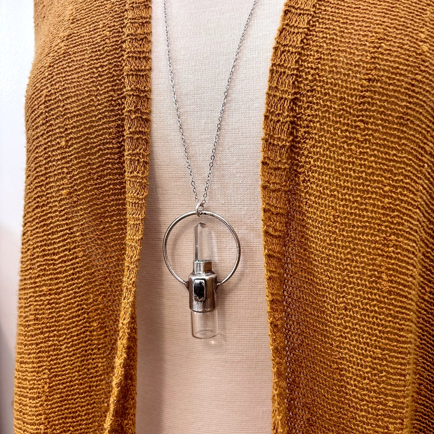 Clear Quartz and Blue Kyanite Crystal Necklace / Silver Rollerball Necklace