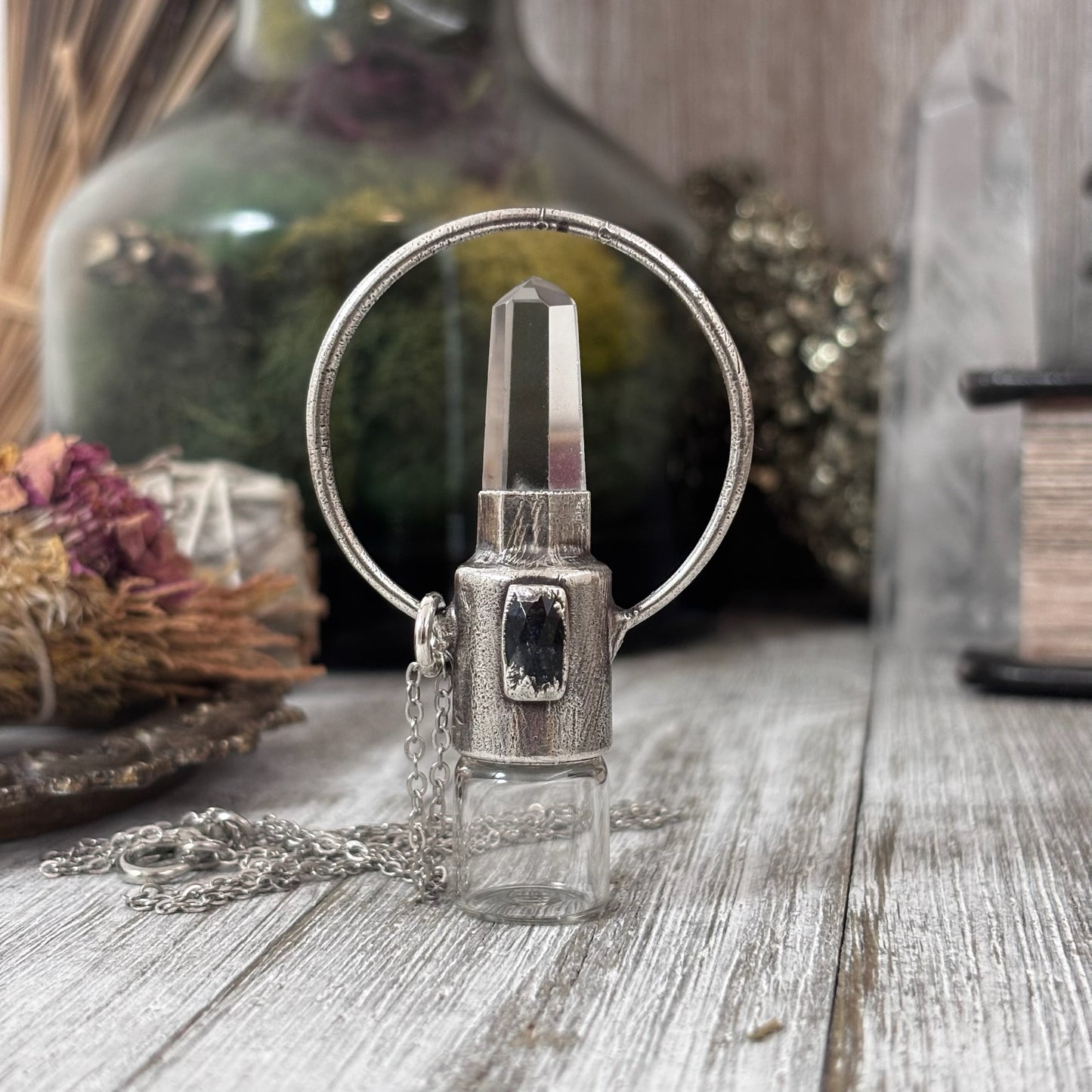 Clear Quartz and Blue Kyanite Crystal Necklace / Silver Rollerball Necklace