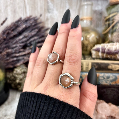 Peach Moonstone Ring Fine Silver Small Faceted Stone Ring Size 5 6 7 8 9 10 11 / Foxlark Collection