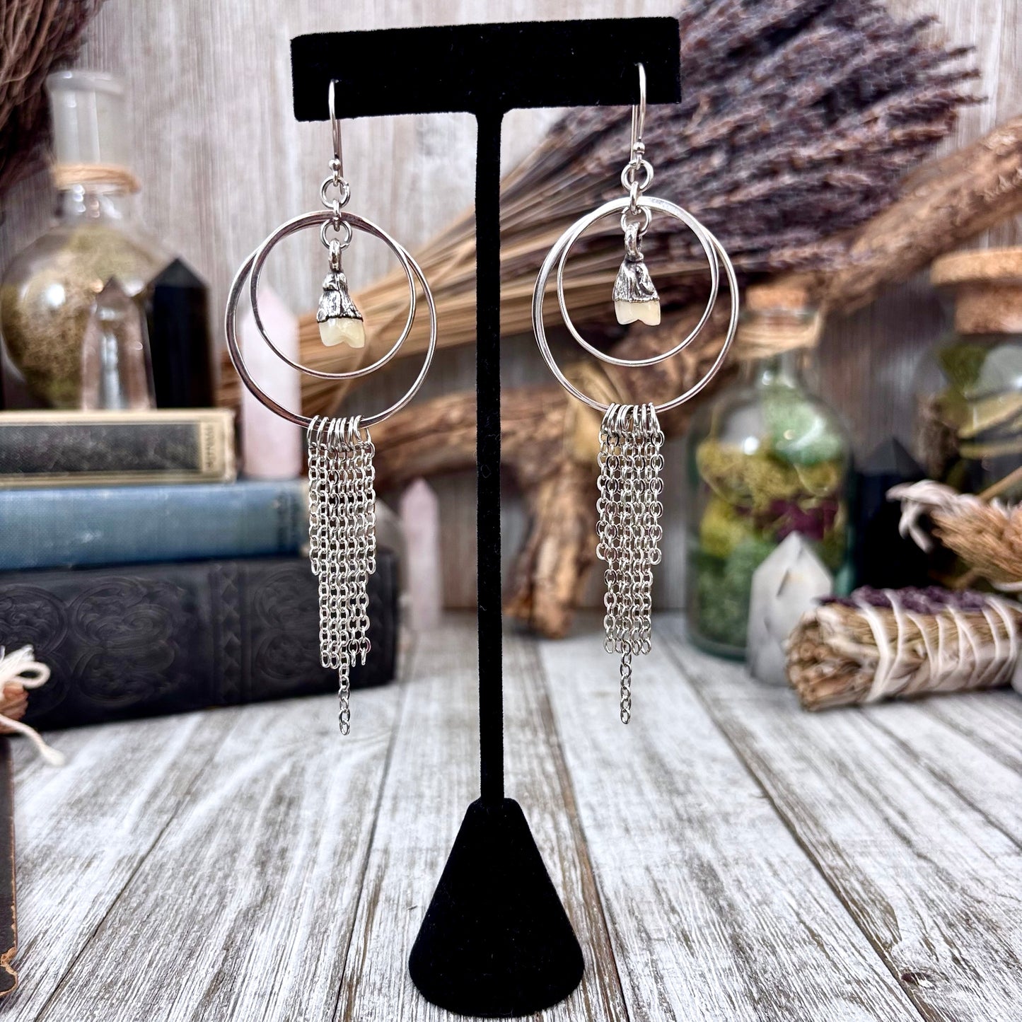 Sterling Silver Tooth Hoop Fringe Earrings / Long Dangle Witchy Earrings