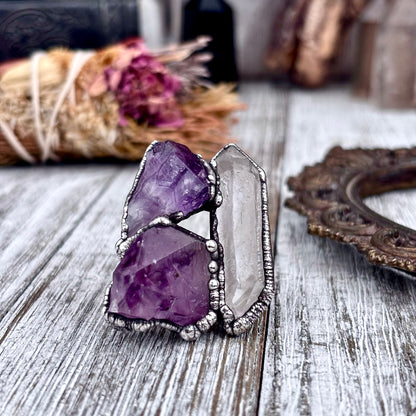 Three Stone Raw Amethyst Clear Quartz Ring In Silver Size 9.5 / Foxlark Collection