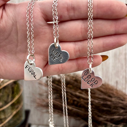 Bitty Bangers - Custom Hand Stamped Necklace Bold Heart Shaped Jewelry, Personalized Funny Gift for Women /  Feral Necklace Bitch Necklace  Bite Me Necklace