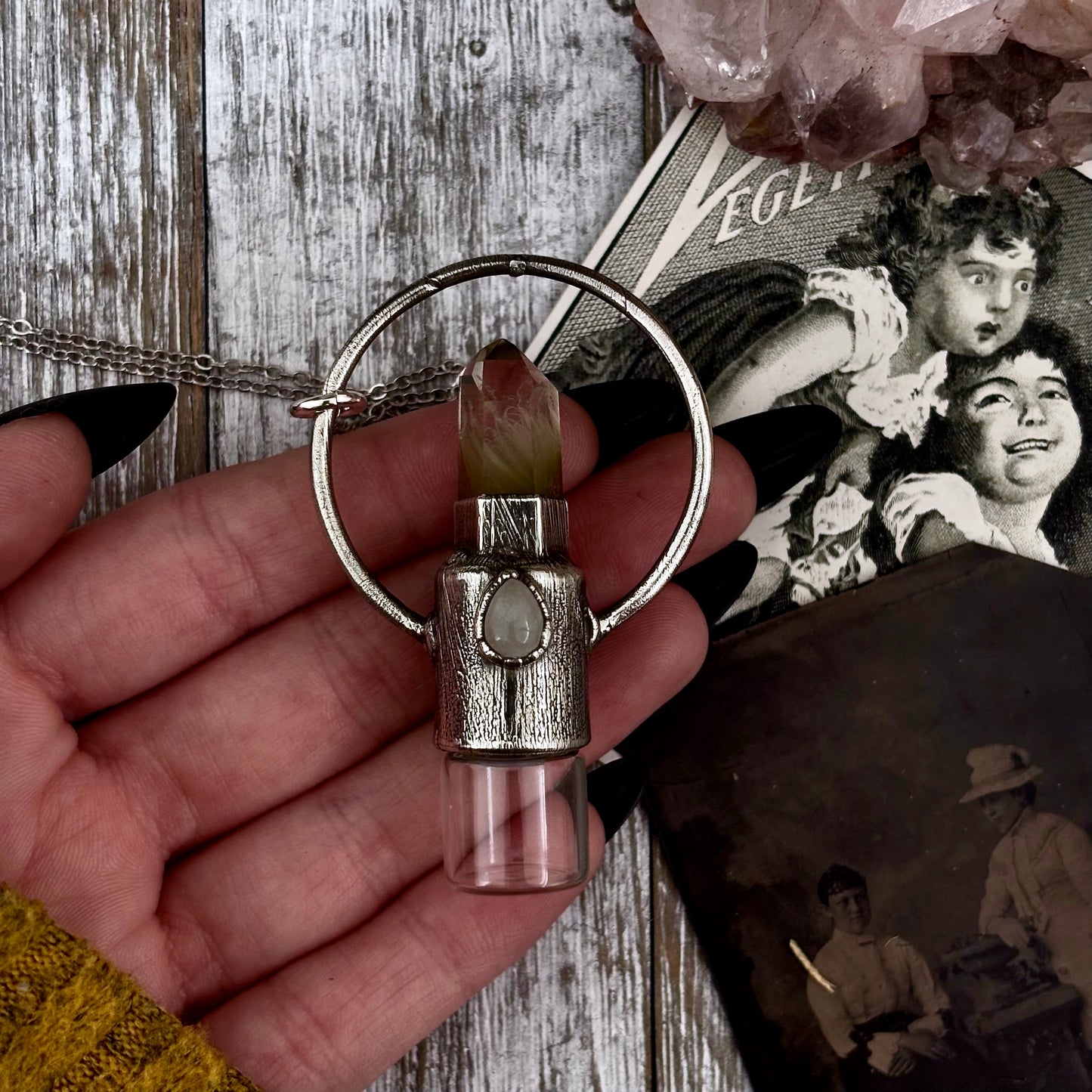 Garden Quartz and Clear Quartz Crystal Necklace / Silver Rollerball Necklace