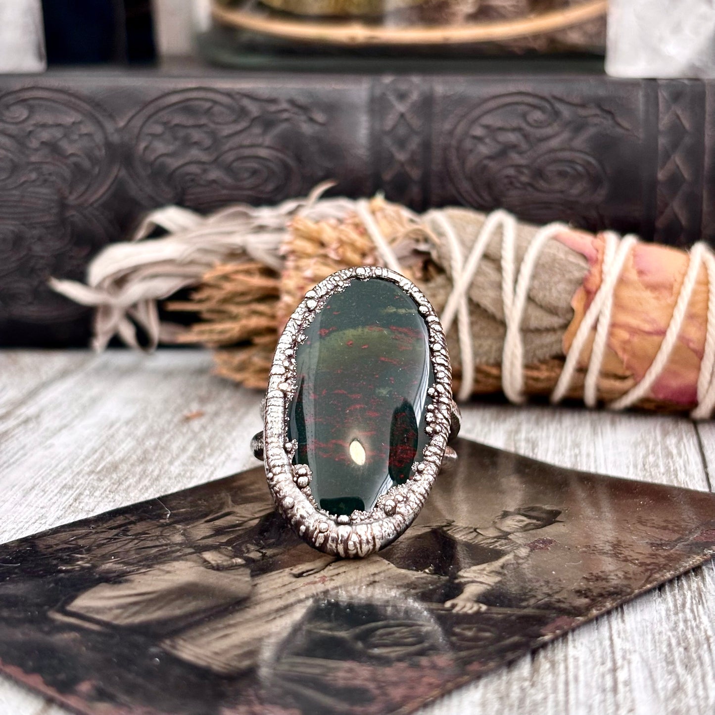 Green Bloodstone Crystal Statement Ring Size 11 Fine Silver  / Foxlark Collection