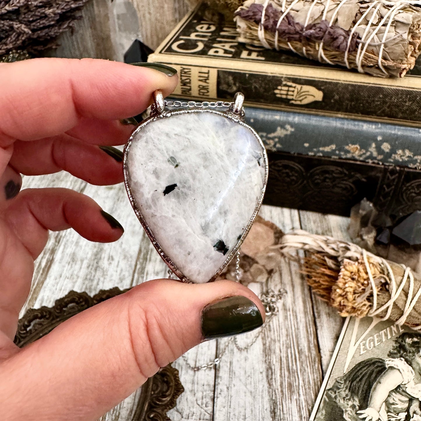 Big Rainbow Moonstone with Black Tourmaline Necklace in Fine Silver / Foxlark Collection - One of a Kind