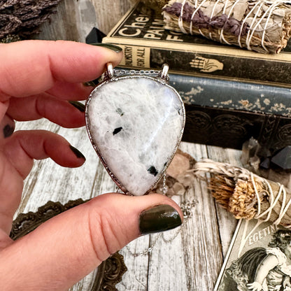 Big Rainbow Moonstone with Black Tourmaline Necklace in Fine Silver / Foxlark Collection - One of a Kind