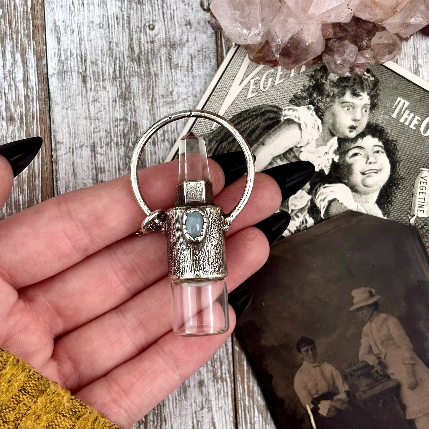 Clear Quartz and Aquamarine Crystal Necklace / Silver Rollerball Necklace