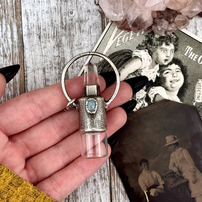 Clear Quartz and Aquamarine Crystal Necklace / Silver Rollerball Necklace