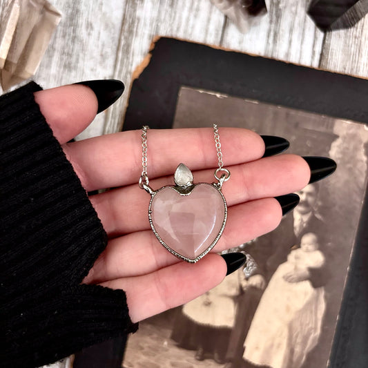 Rose Quartz Crystal Heart Clear Quartz Teardrop Statement Necklace in Fine Silver / Foxlark Collection - One of a Kind