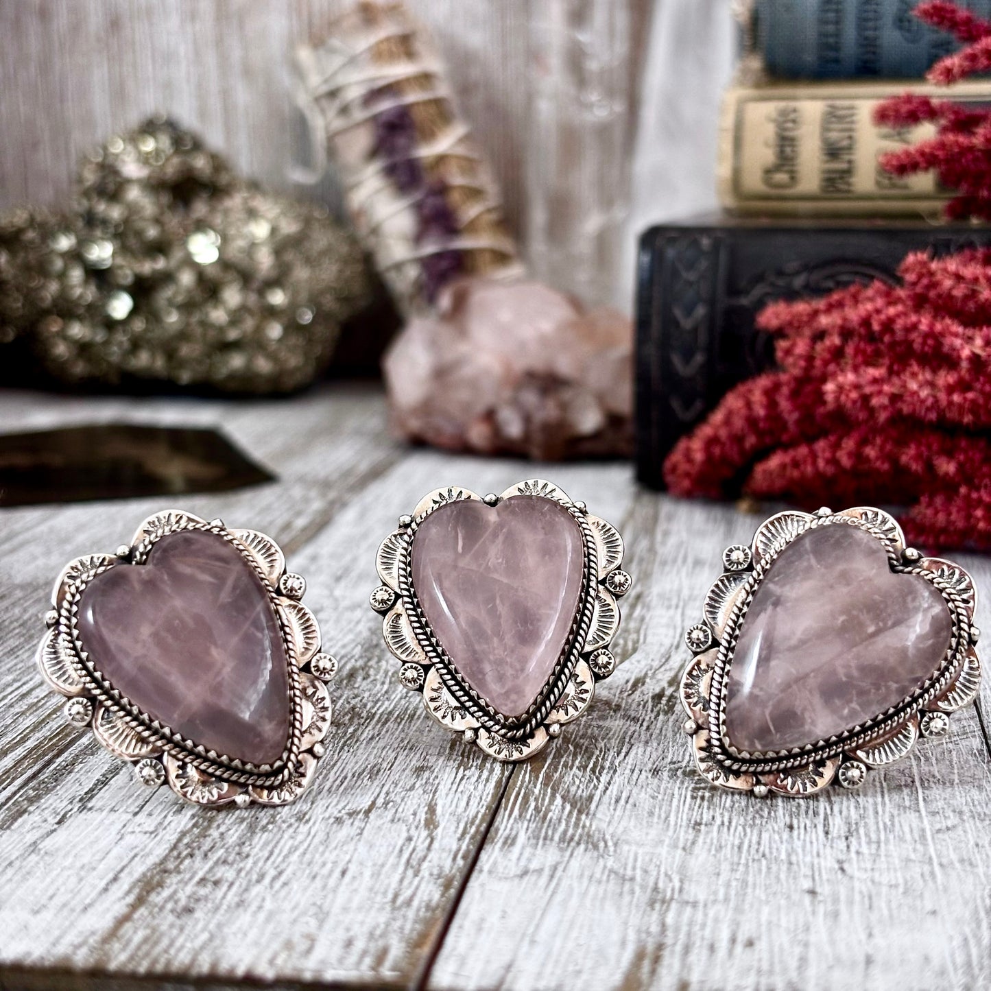 Rose Quartz Heart Crystal Statement Ring in Sterling Silver- Designed by FOXLARK Collection Adjusts to size 6,7,8,9, 10 / Gothic Jewelry