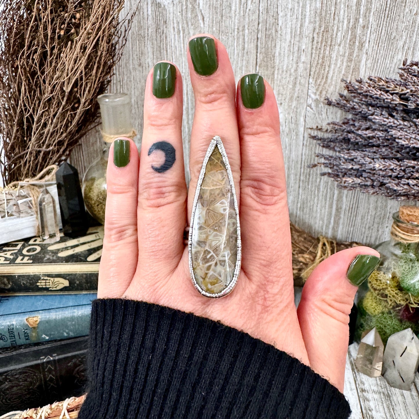 Big Fossilized Coral Crystal Ring Fine Silver Size 9.5 / Foxlark Collection - One of a Kind