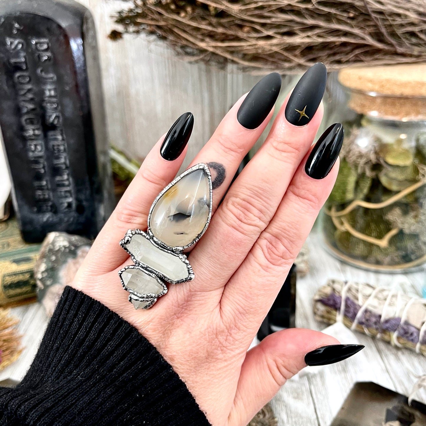 Size 6.5 Crystal Ring - Three Stone Ring Dendritic Agate Clear Quartz Silver Ring / Foxlark Collection - One of a Kind Jewelry