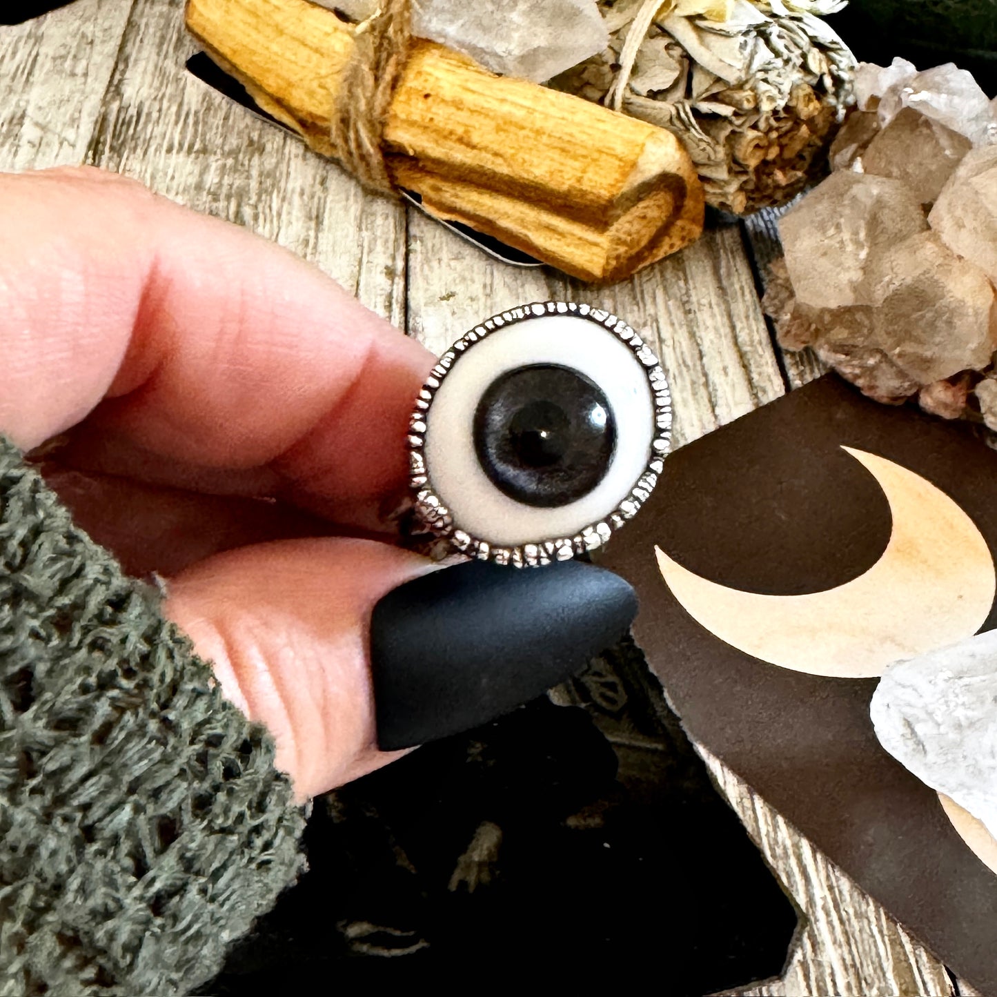 Grey Iris Glass Eye Statement Ring Silver Size 11  / Foxlark Collection