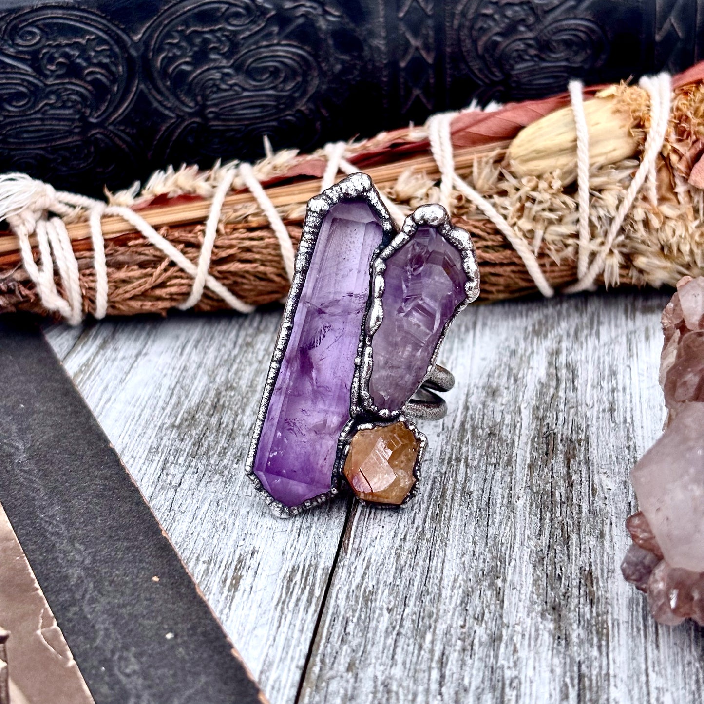 Three Stone Raw Amethyst Citrine Ring In Silver Size 9.5 / Foxlark Collection
