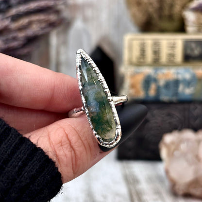 Green Moss Agate Ring Fine Silver Small Faceted Stone Ring Size 5 6 7 8 9 10 11 / Foxlark Collection