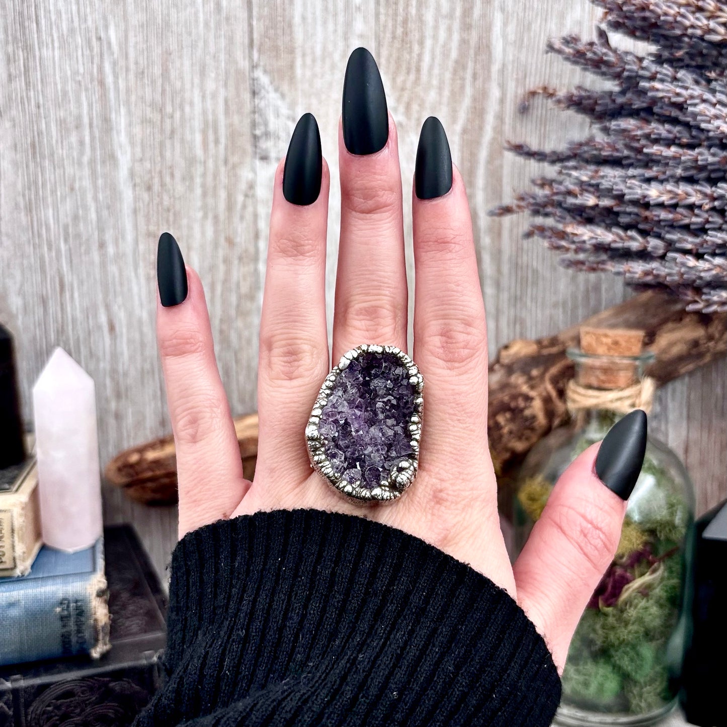 Raw Purple Amethyst Crystal Druzy Geode Ring in Fine Silver Size 10.5 / Foxlark Collection