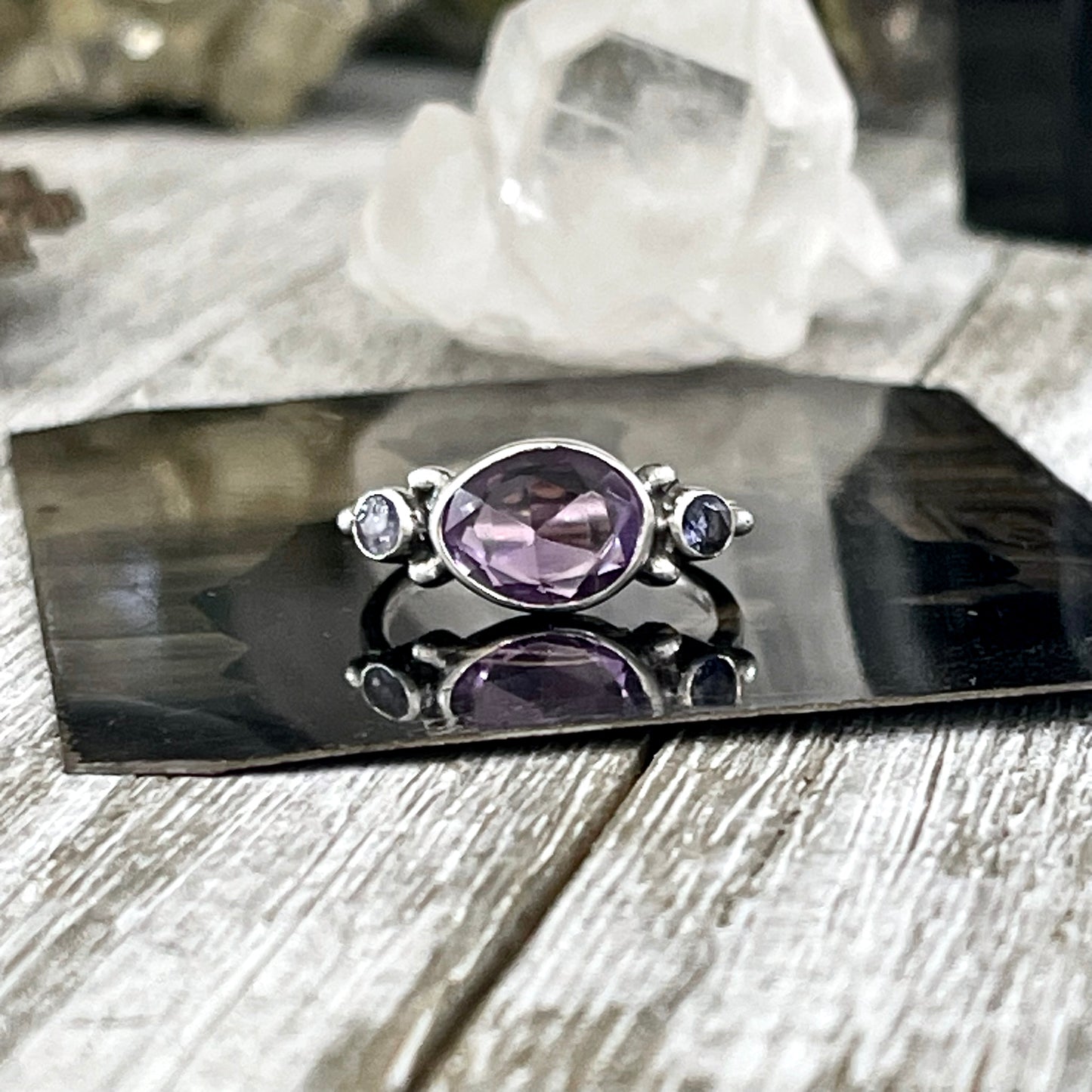 Dainty Purple Amethyst & Lolite Ring Set in Sterling Silver Size 7 8 9 10