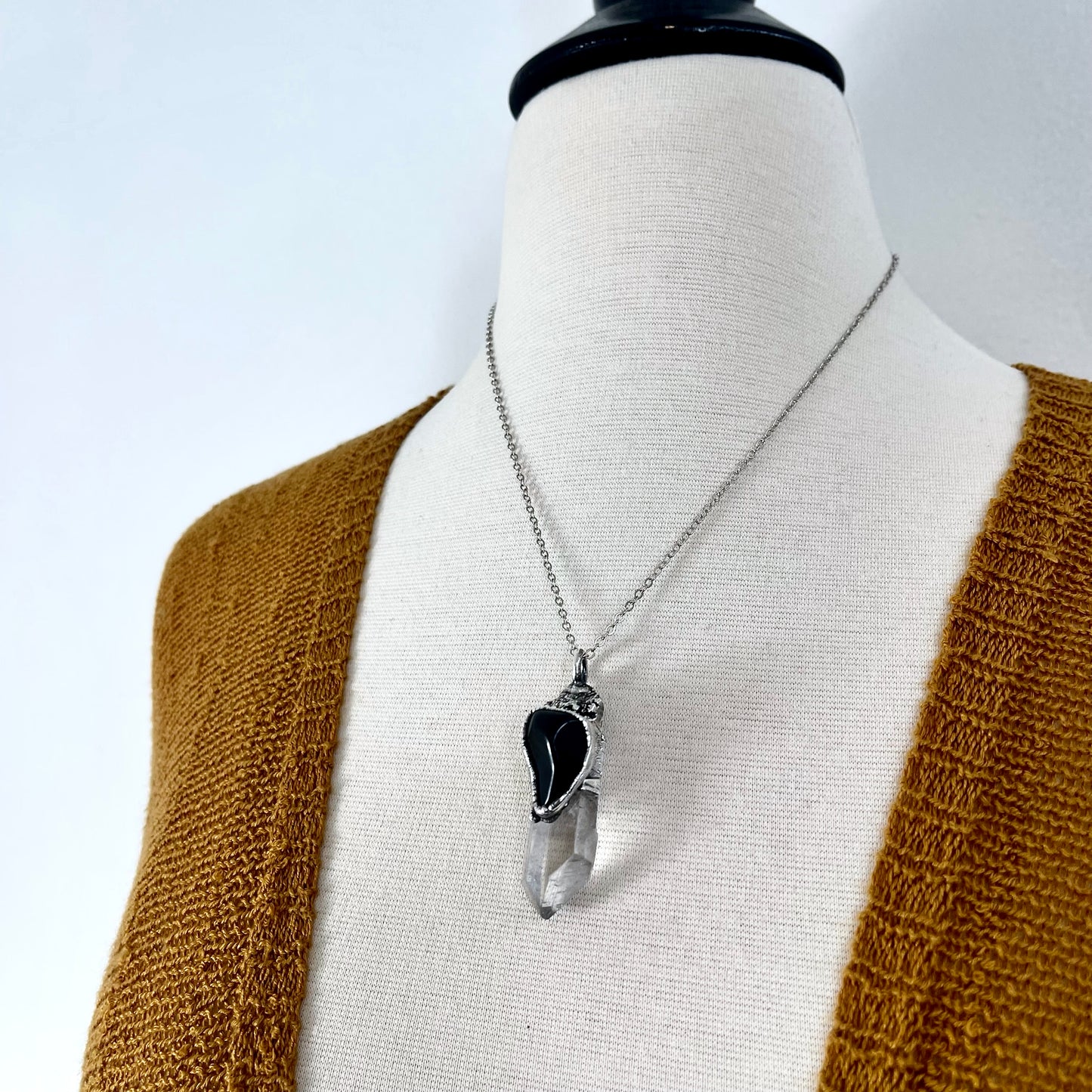 Large Raw Clear Quartz & Black Onyx Crystal Statement Necklace in Fine Silver / Foxlark Collection - One of a Kind