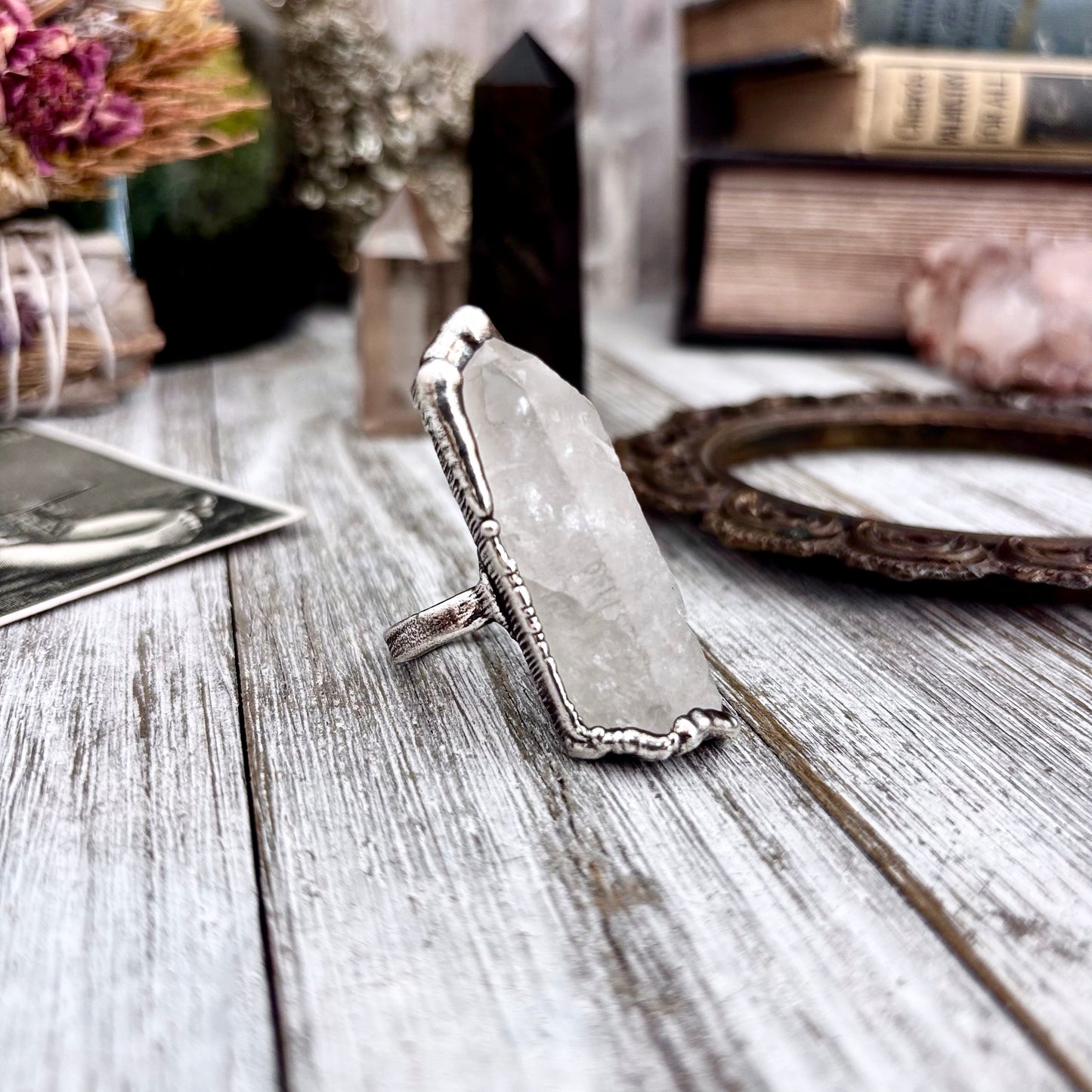 Raw Clear Quartz Crystal Ring Set in Fine Silver Size 8.5 / Foxlark Collection - One of a Kind