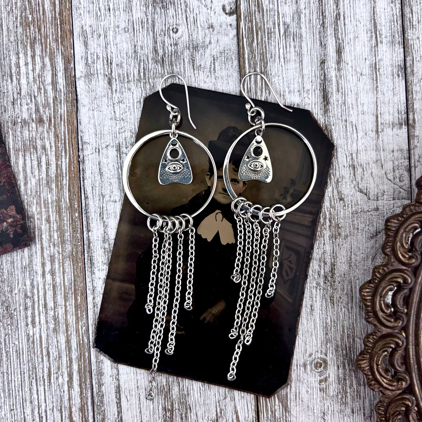 Sterling Silver Planchet Hoop Fringe Earrings / Long Dangle Witchy Earrings