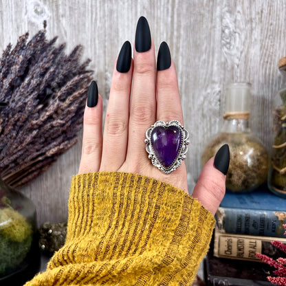 Amethyst Heart Crystal Statement Ring in Sterling Silver- Designed by FOXLARK Collection Adjusts to size 6,7,8,9, 10 / Gothic Jewelry