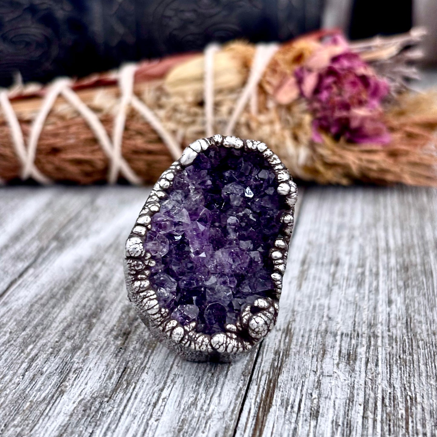 Raw Purple Amethyst Crystal Druzy Geode Ring in Fine Silver Size 10.5 / Foxlark Collection