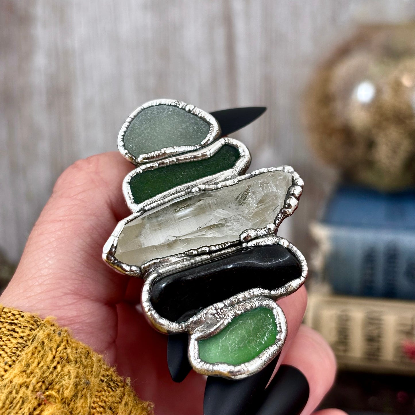 Multi Stone Sea Glass Obsidian Clear Quartz Ring In Silver Size 8/ Foxlark Collection