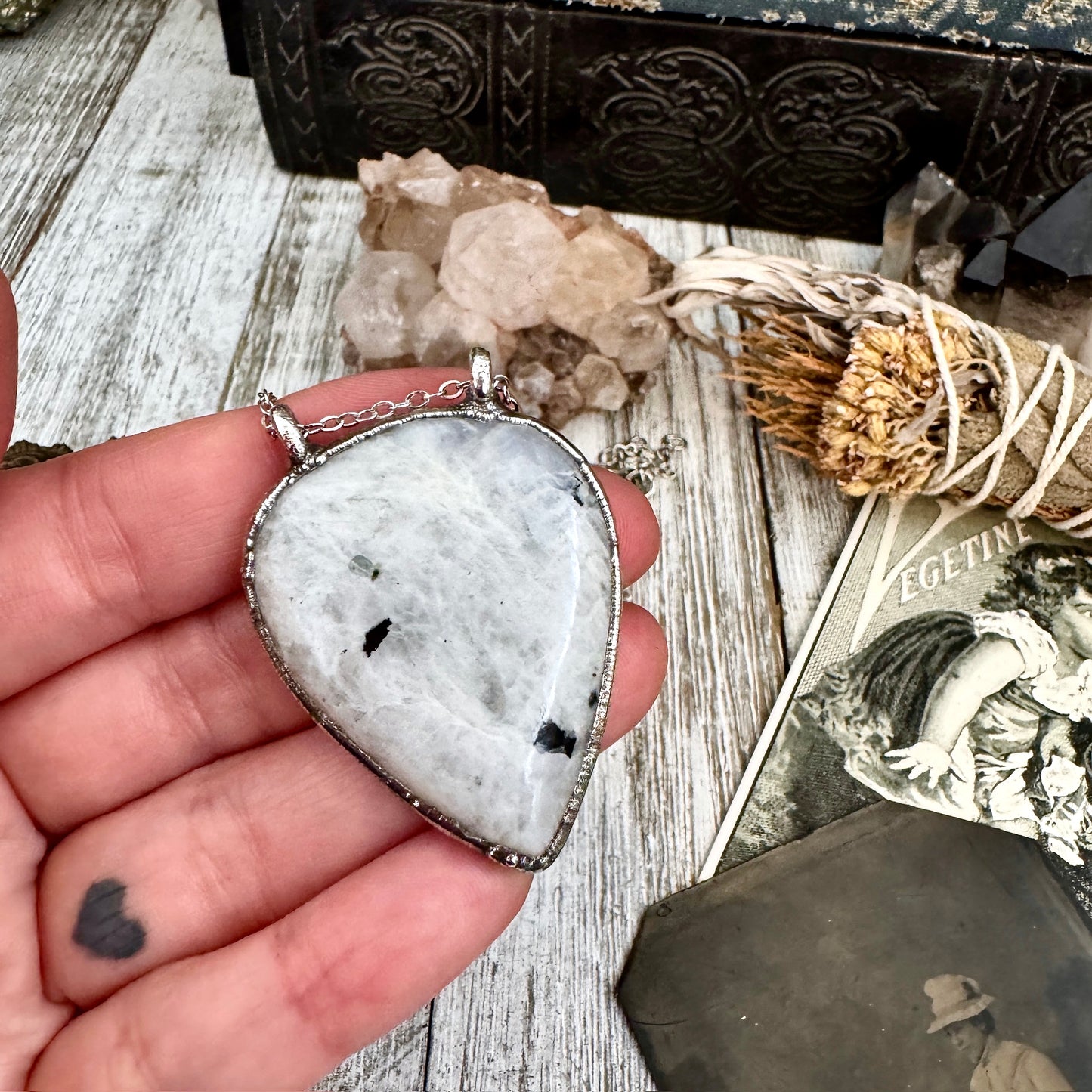 Big Rainbow Moonstone with Black Tourmaline Necklace in Fine Silver / Foxlark Collection - One of a Kind