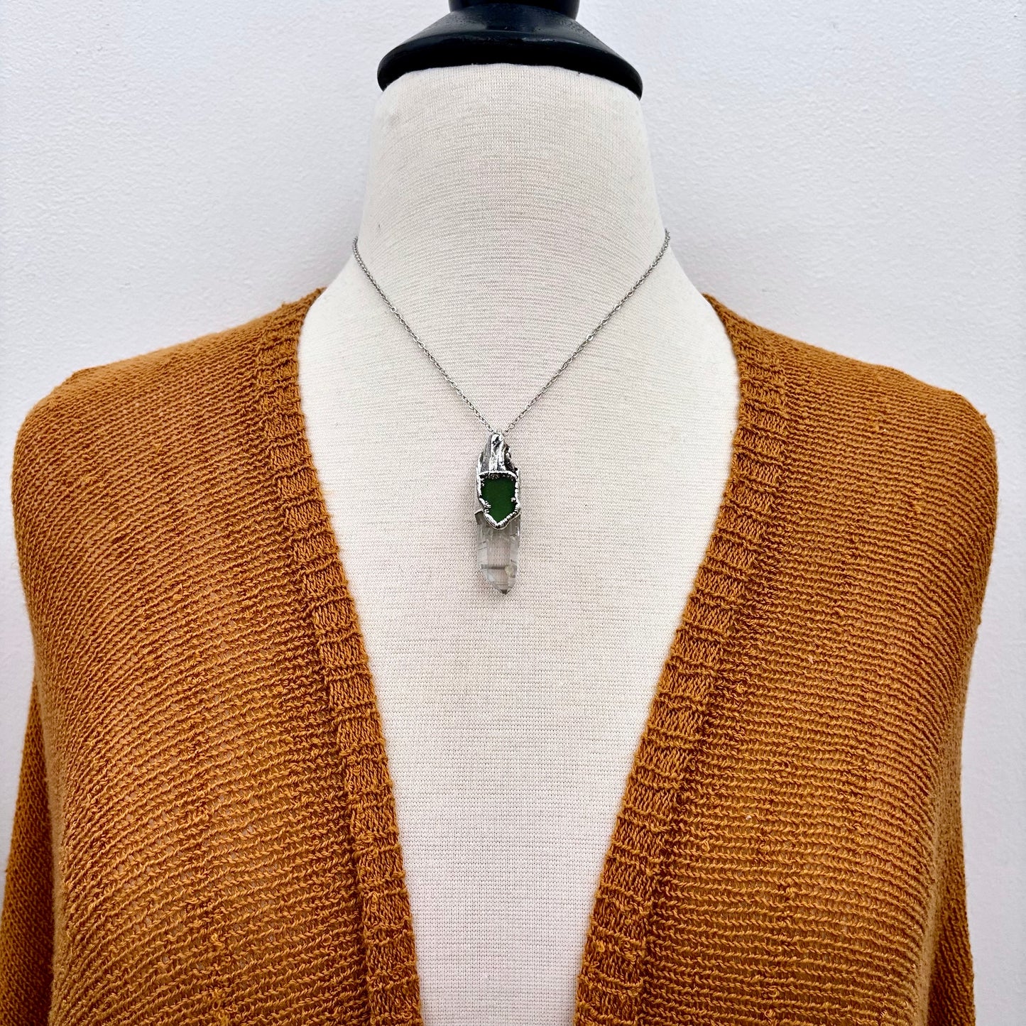 Clear Quartz & Green Sea Glass Crystal Statement Necklace in Fine Silver / Foxlark Collection - One of a Kind