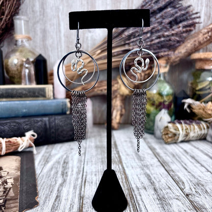 Sterling Silver Snake Hoop Fringe Earrings / Long Dangle Witchy Earrings
