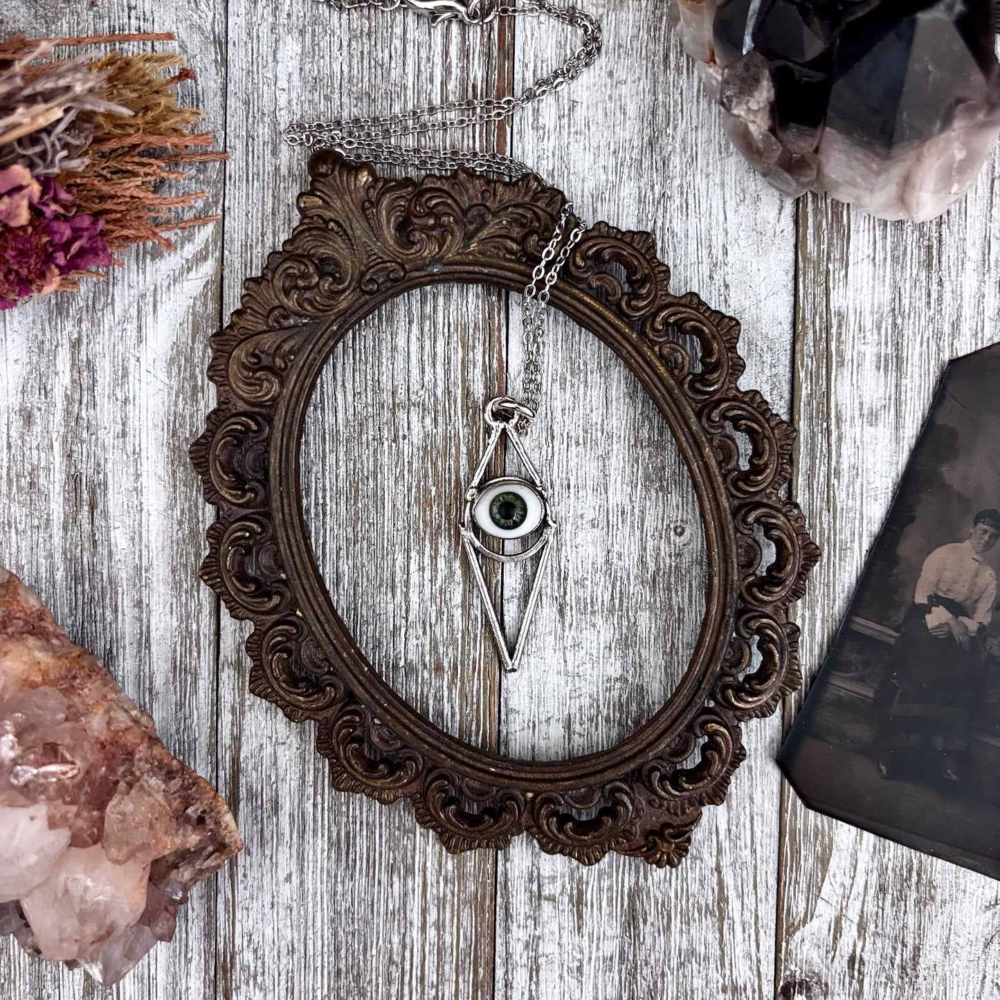 Moss & Moon Collection -  Green Iris Glass Eye Necklace set Fine Silver /