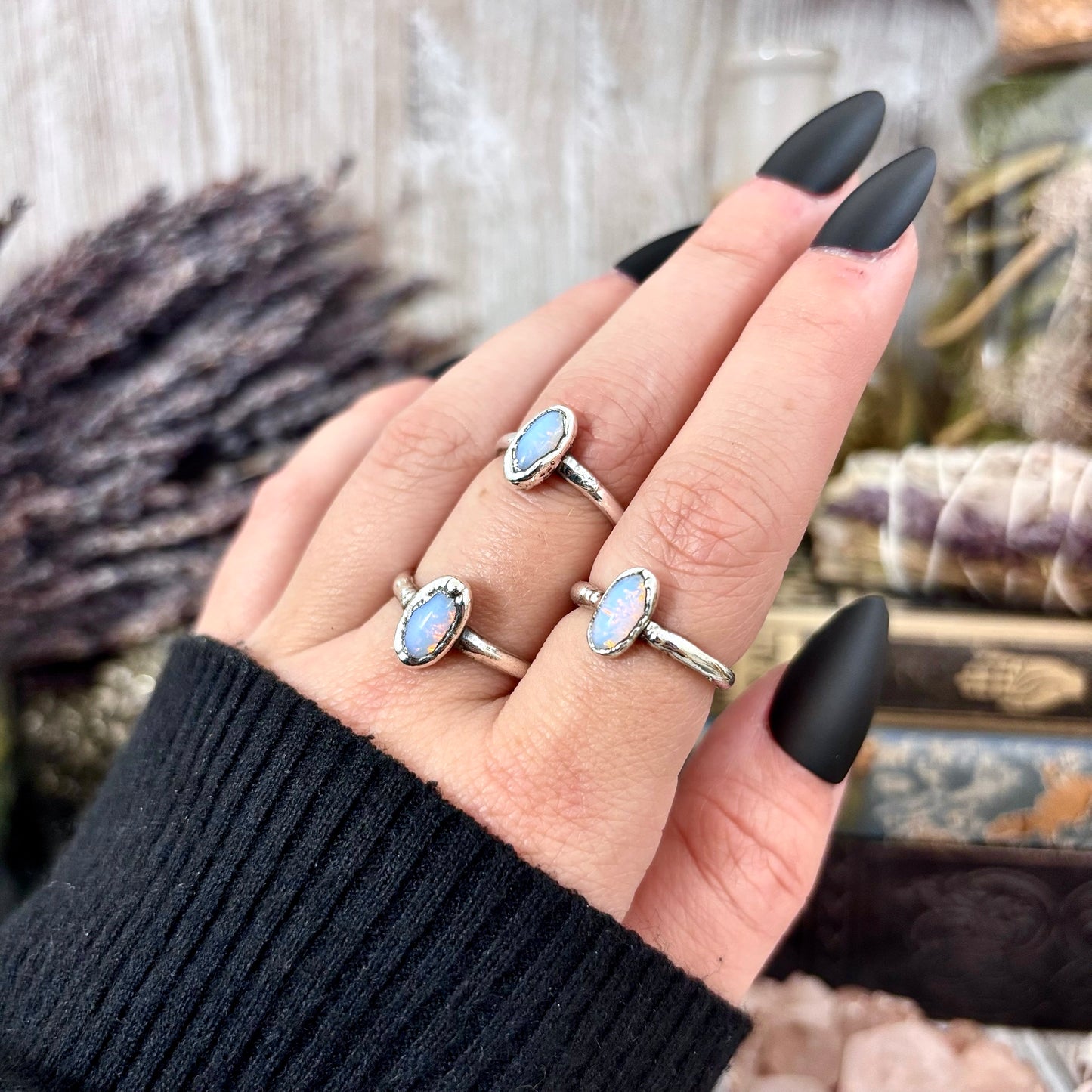 Vintage Glass Bead Pinfire Opal Ring Fine Silver Small Faceted Stone Ring Size 5 6 7 8 9 10 11 / Foxlark Collection