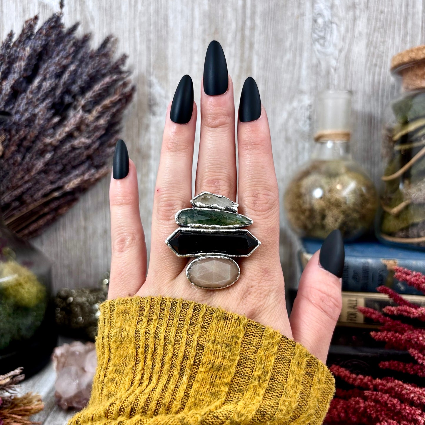 Multi Stone Clear Quartz Moss Agate Black Obsidian Peach Moonstone Ring In Silver Size 10 / Foxlark Collection
