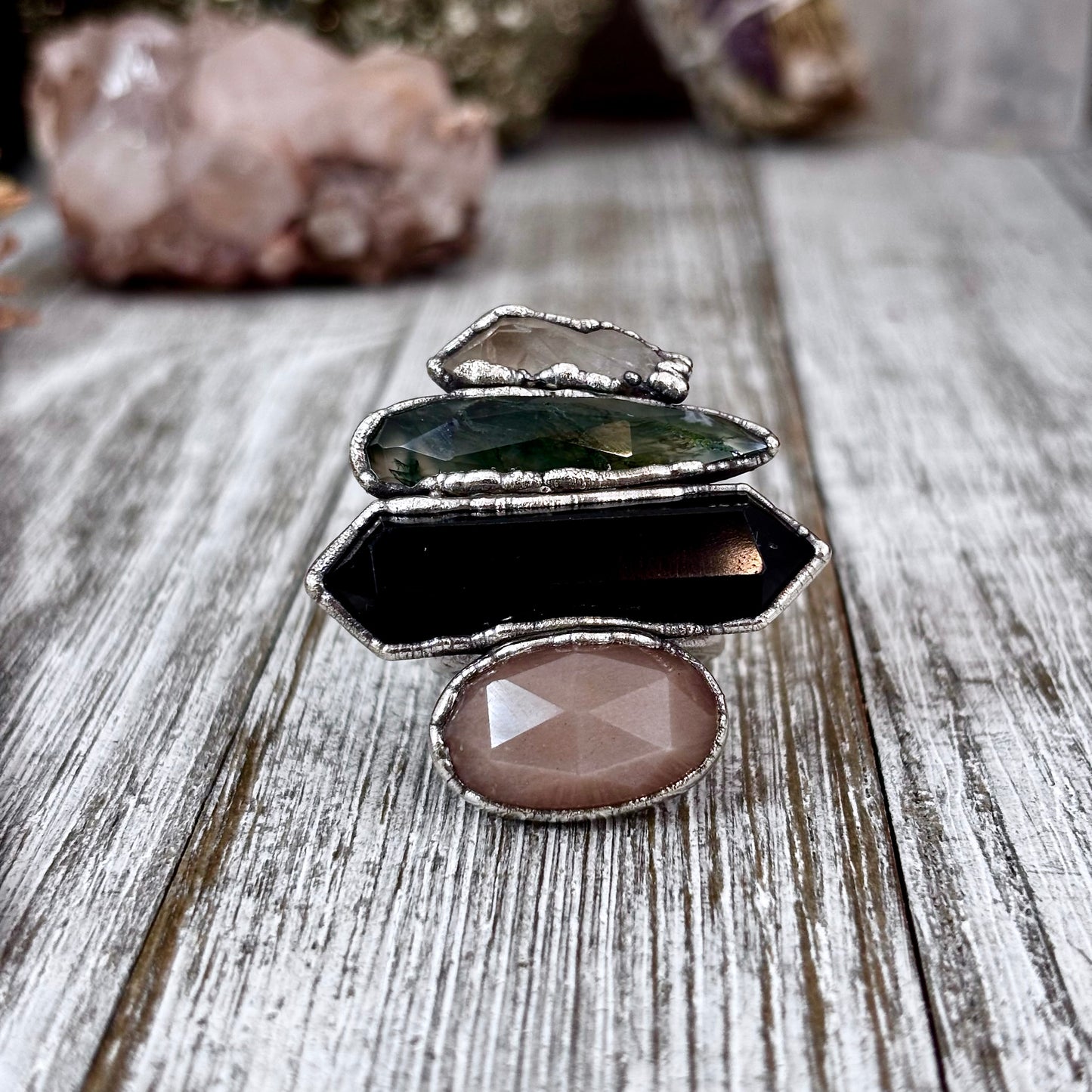 Multi Stone Clear Quartz Moss Agate Black Obsidian Peach Moonstone Ring In Silver Size 10 / Foxlark Collection