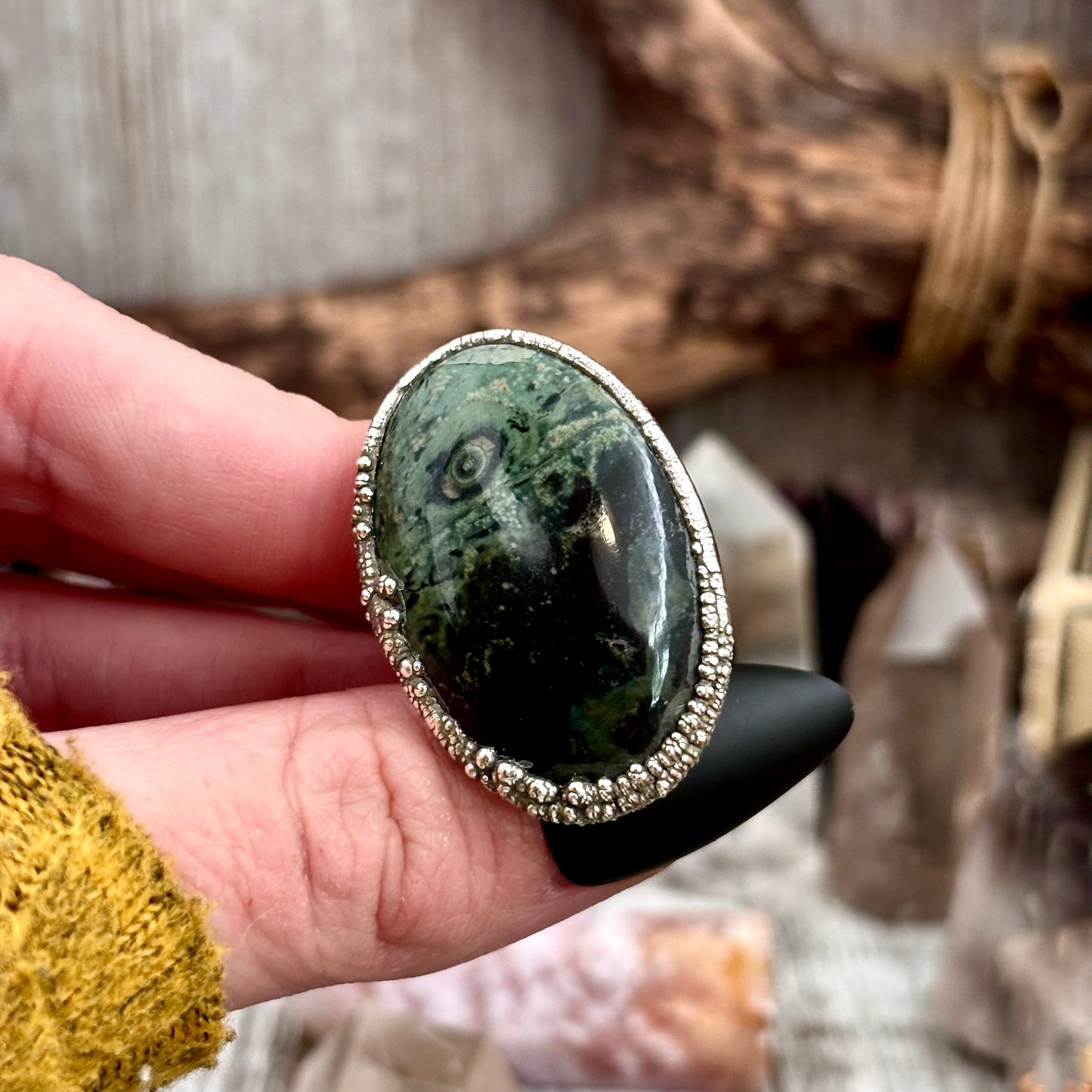 Green Kambaba Jasper Statement Ring Silver Size 6 / Foxlark Collection