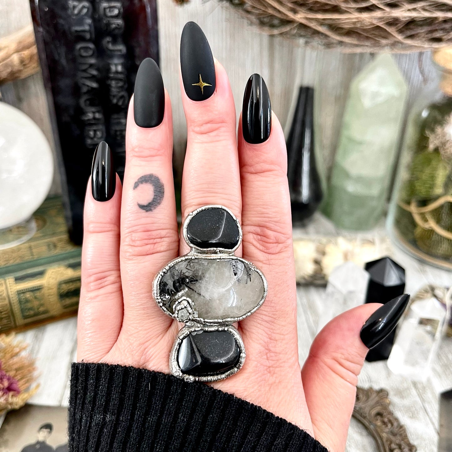 Size 8 Crystal Ring - Three Stone Ring Black Onyx Tourmaline Quartz Herkimer Diamond Ring Silver / Foxlark Collection - One of a Kind