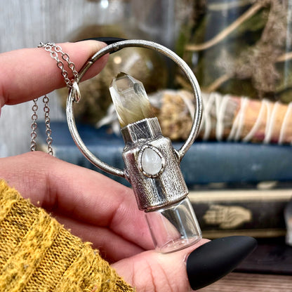 Garden Quartz and Clear Quartz Crystal Necklace / Silver Rollerball Necklace