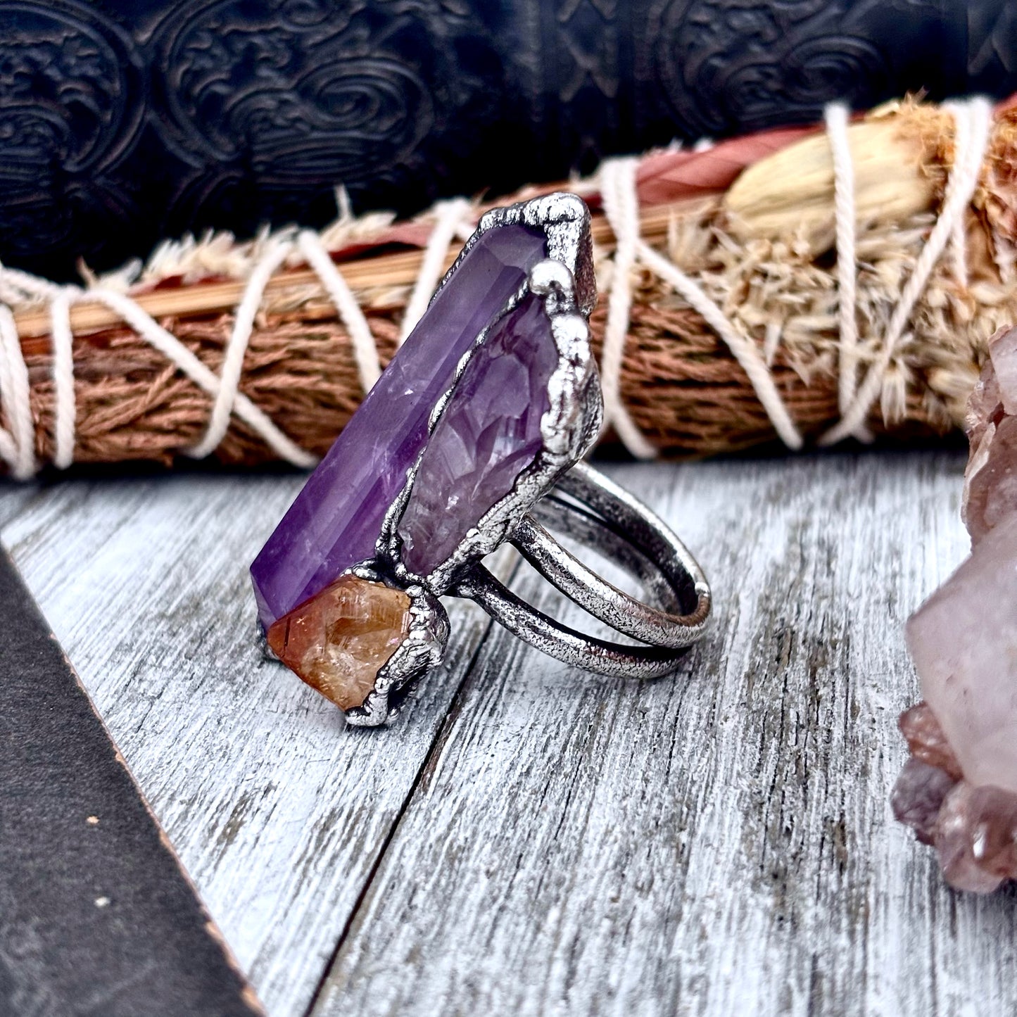 Three Stone Raw Amethyst Citrine Ring In Silver Size 9.5 / Foxlark Collection