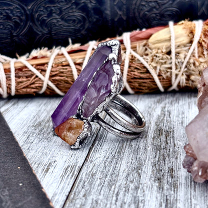 Three Stone Raw Amethyst Citrine Ring In Silver Size 9.5 / Foxlark Collection